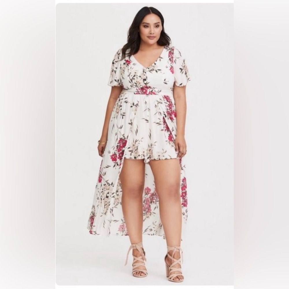 Floral High-Low Romper Dress in Ivory and Rose